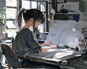 渚光希在创作工作室内认真审阅作品草稿，桌面散落着设计稿与便签，展现渚光希对细节的极致追求